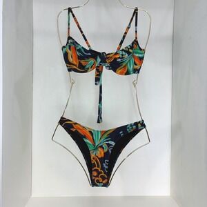 Icon Swim Womens Tropical Floral Underwire Bikini Set Black Orange Green Small
